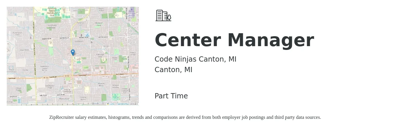 Code Ninjas Canton, MI job posting for a Center Manager in Canton, MI with a salary of $41,700 to $61,600 Yearly with a map of Canton location.