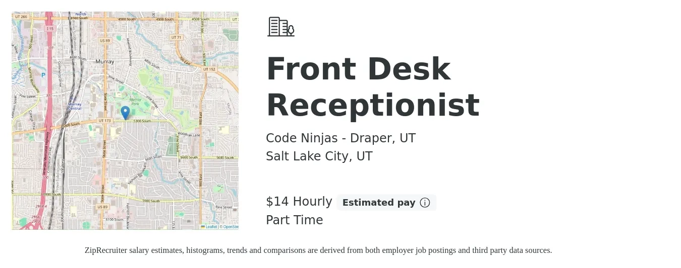 Code Ninjas - Draper, UT job posting for a Front Desk Receptionist in Salt Lake City, UT with a salary of $15 Hourly with a map of Salt Lake City location.