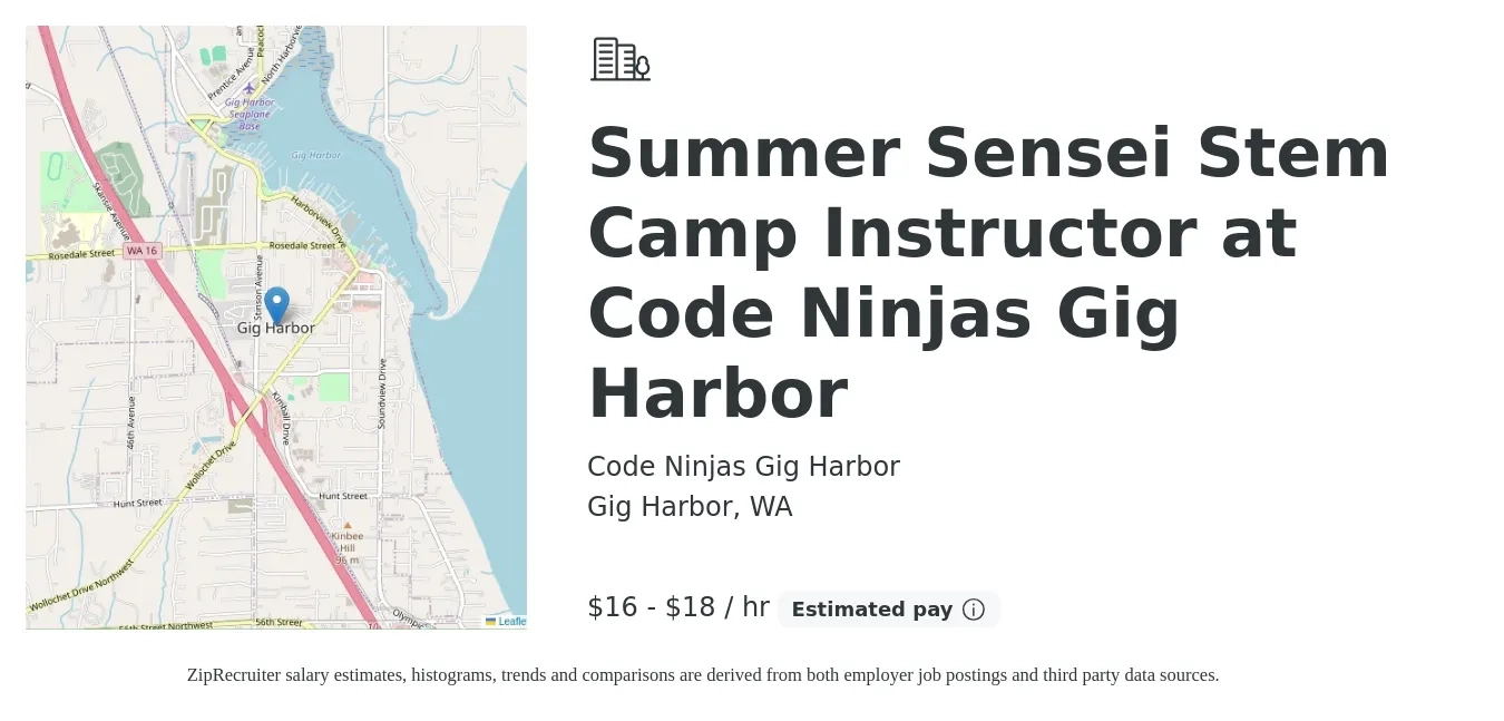 Code Ninjas Gig Harbor job posting for a Summer Sensei Stem Camp Instructor at Code Ninjas Gig Harbor in Gig Harbor, WA with a salary of $17 to $19 Hourly with a map of Gig Harbor location.