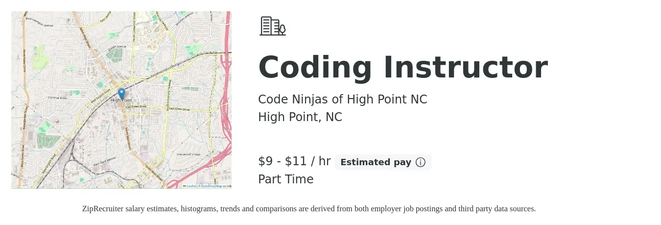 Code Ninjas of High Point NC job posting for a Coding Instructor in High Point, NC with a salary of $10 to $12 Hourly with a map of High Point location.