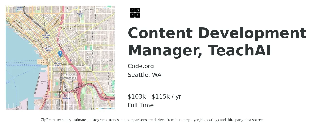 Code.org job posting for a Content Development Manager, TeachAI in Seattle, WA with a salary of $103,500 to $115,000 Yearly with a map of Seattle location.