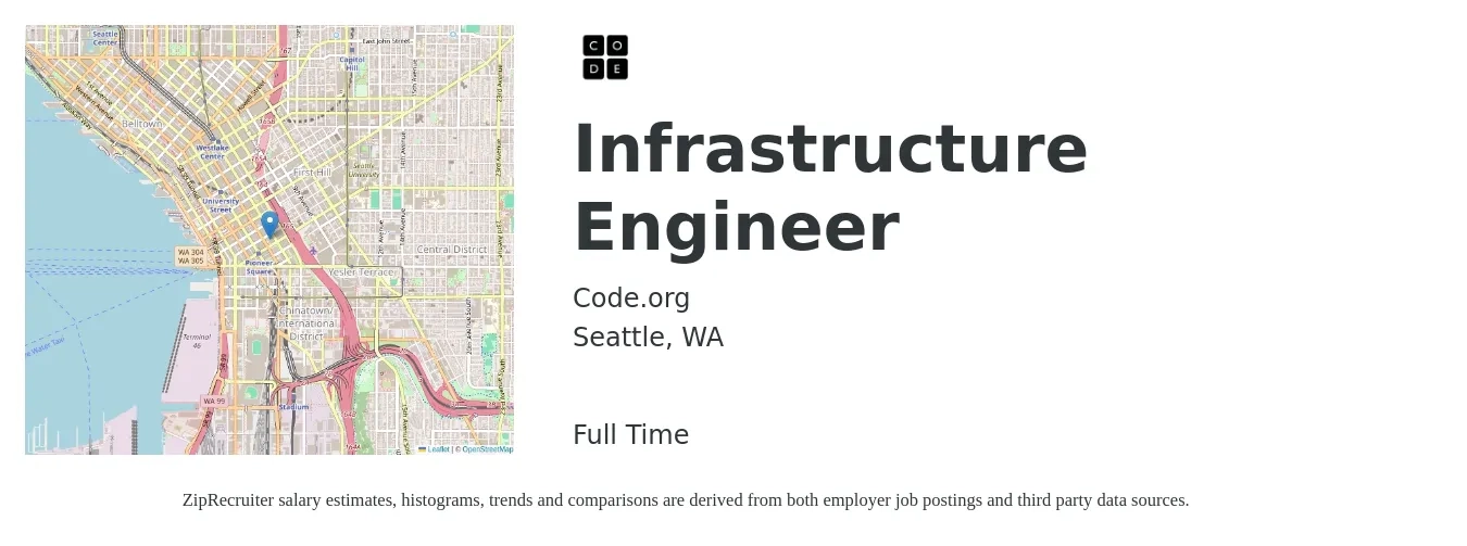 Code.org job posting for a Infrastructure Engineer in Seattle, WA with a salary of $122,300 to $160,500 Yearly with a map of Seattle location.