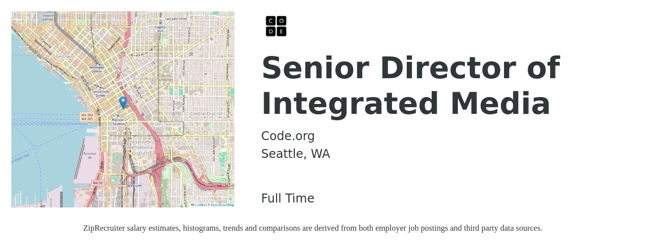 Code.org job posting for a Senior Director of Integrated Media in Seattle, WA with a salary of $102,400 to $153,100 Yearly with a map of Seattle location.