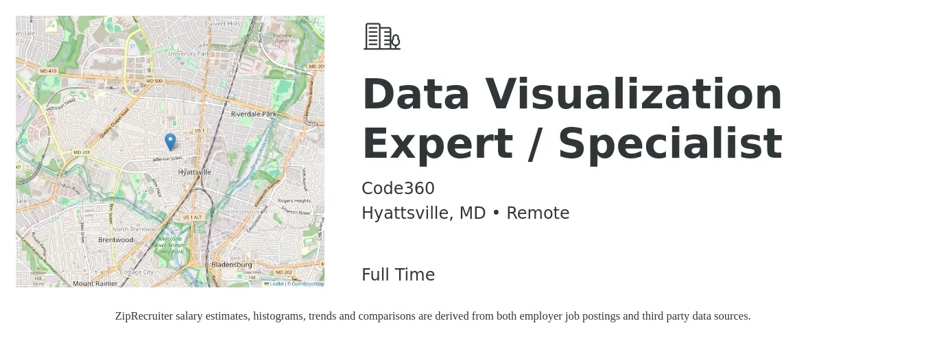 Code360 job posting for a Data Visualization Expert / Specialist in Hyattsville, MD with a salary of $90,200 to $123,300 Yearly with a map of Hyattsville location.