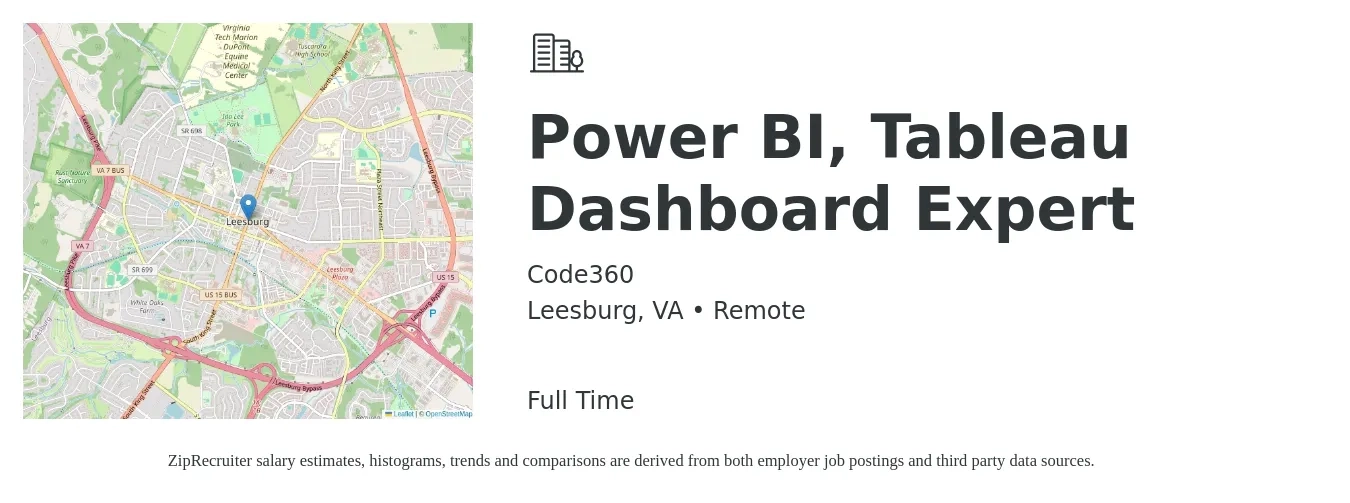 Code360 job posting for a Power BI, Tableau Dashboard Expert in Leesburg, VA with a salary of $49 to $70 Hourly with a map of Leesburg location.