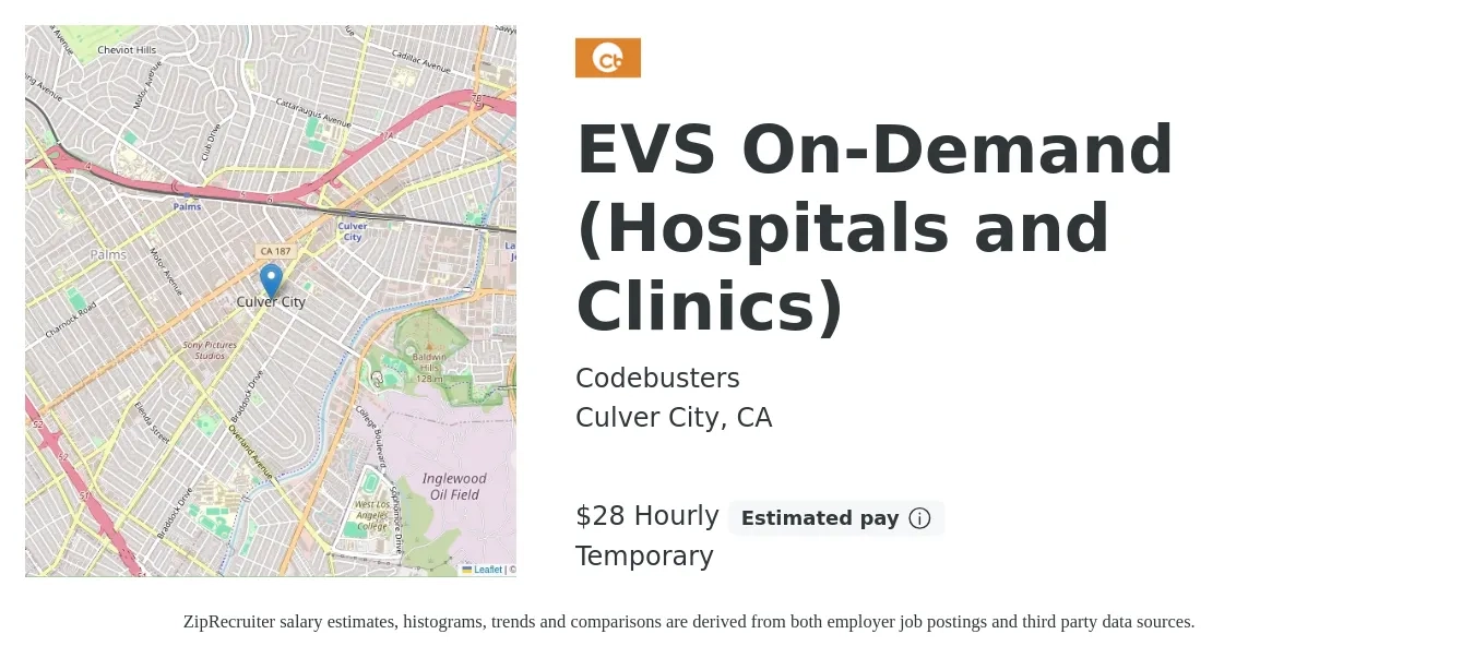 Codebusters job posting for a EVS On-Demand (Hospitals and Clinics) in Culver City, CA with a salary of $30 Hourly with a map of Culver City location.