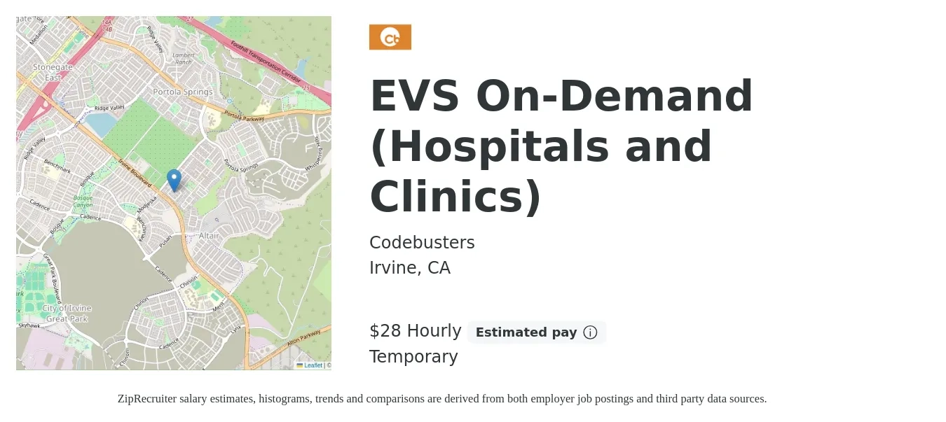 Codebusters job posting for a EVS On-Demand (Hospitals and Clinics) in Irvine, CA with a salary of $30 Hourly with a map of Irvine location.