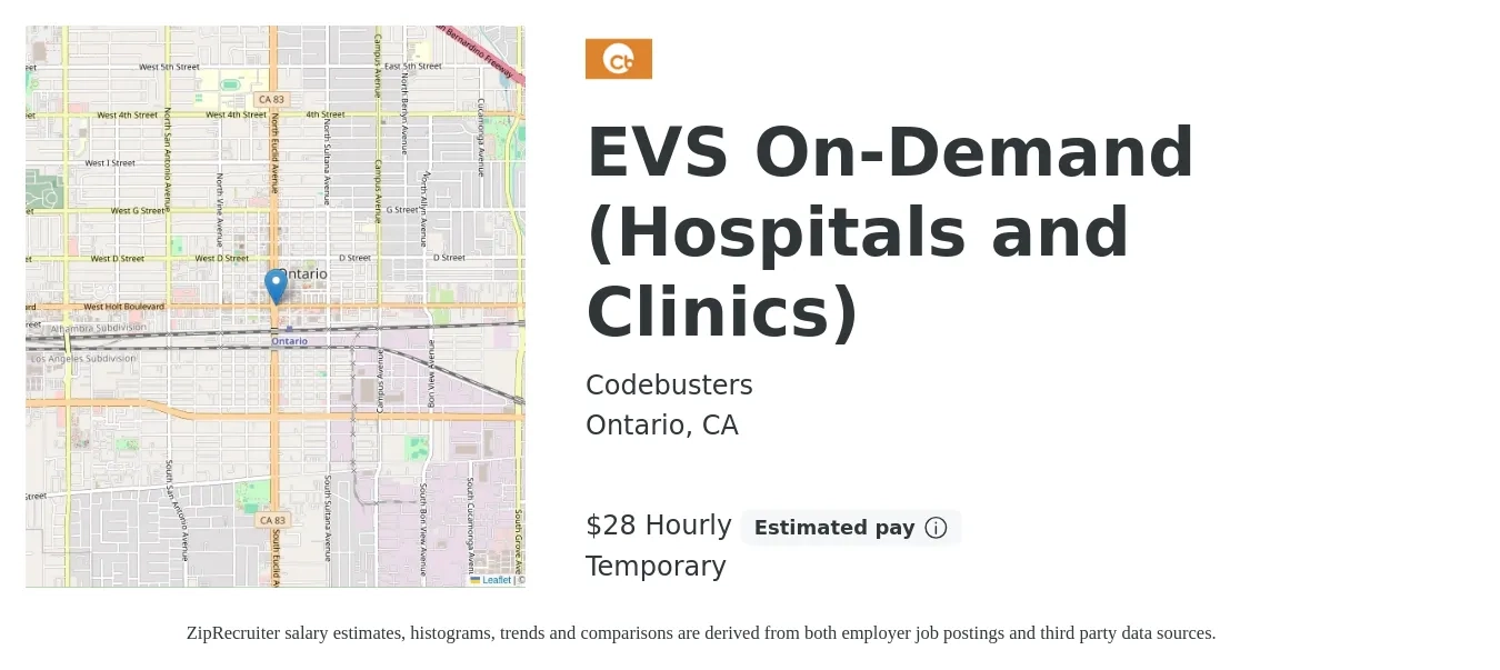 Codebusters job posting for a EVS On-Demand (Hospitals and Clinics) in Ontario, CA with a salary of $30 Hourly with a map of Ontario location.