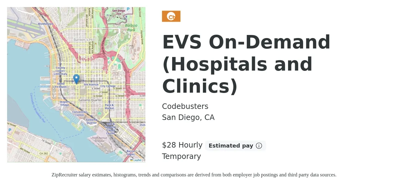 Codebusters job posting for a EVS On-Demand (Hospitals and Clinics) in San Diego, CA with a salary of $30 Hourly with a map of San Diego location.