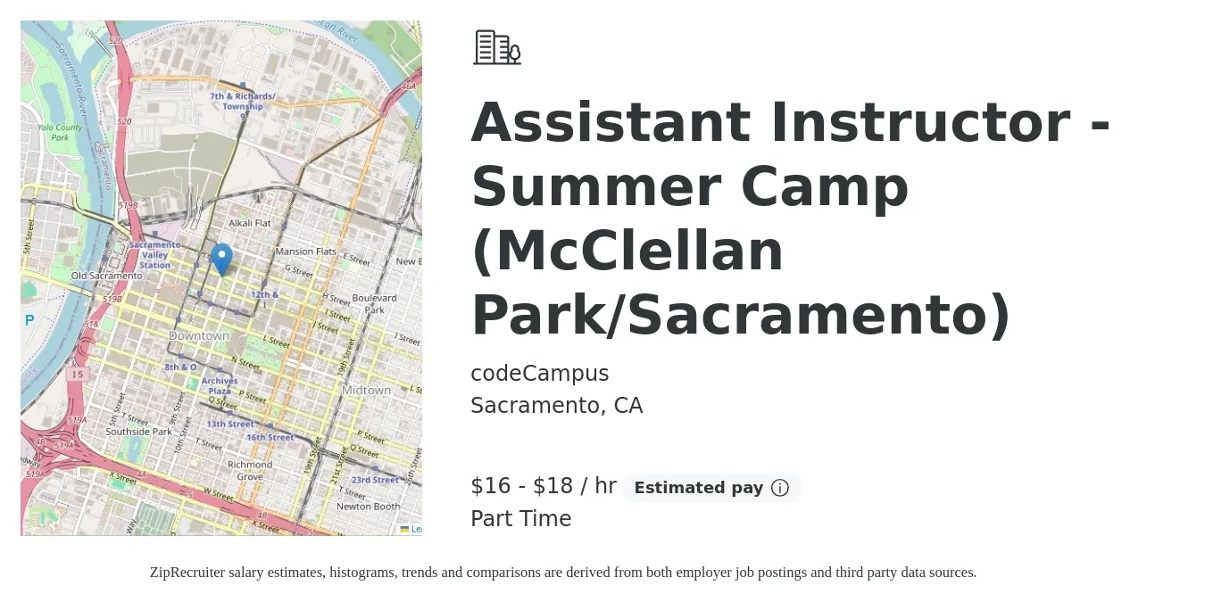 codeCampus job posting for a Assistant Instructor - Summer Camp (McClellan Park/Sacramento) in Sacramento, CA with a salary of $17 to $19 Hourly with a map of Sacramento location.