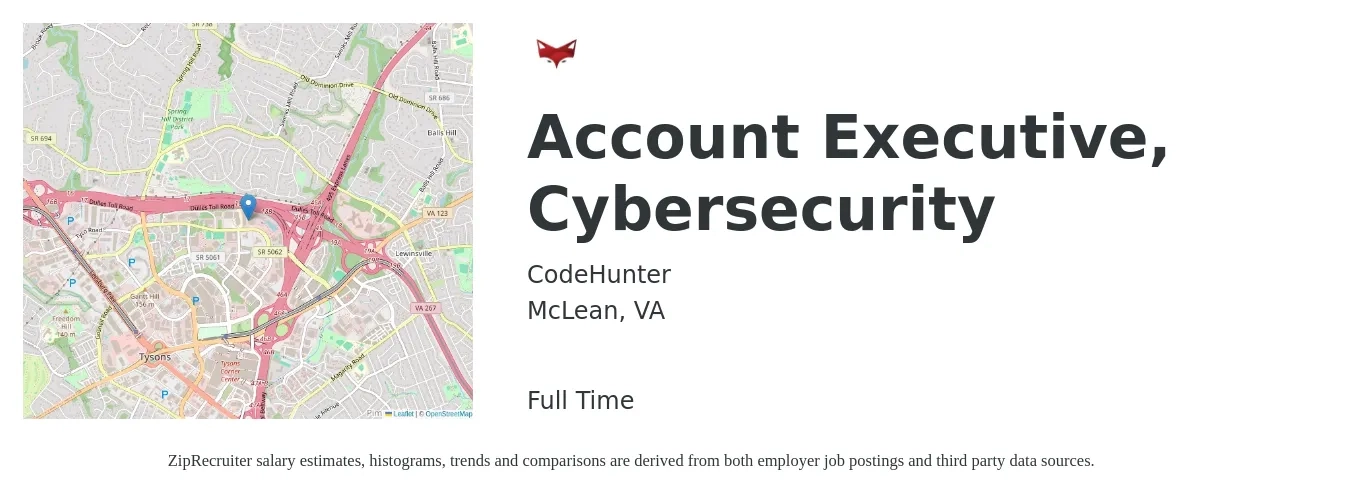 CodeHunter job posting for a Account Executive, Cybersecurity in McLean, VA with a salary of $54,600 to $96,000 Yearly with a map of McLean location.