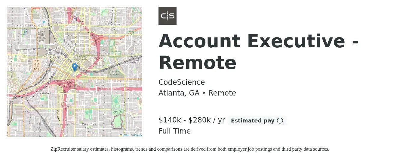 CodeScience job posting for a Account Executive - Remote in Atlanta, GA with a salary of $140,000 to $280,000 Yearly with a map of Atlanta location.
