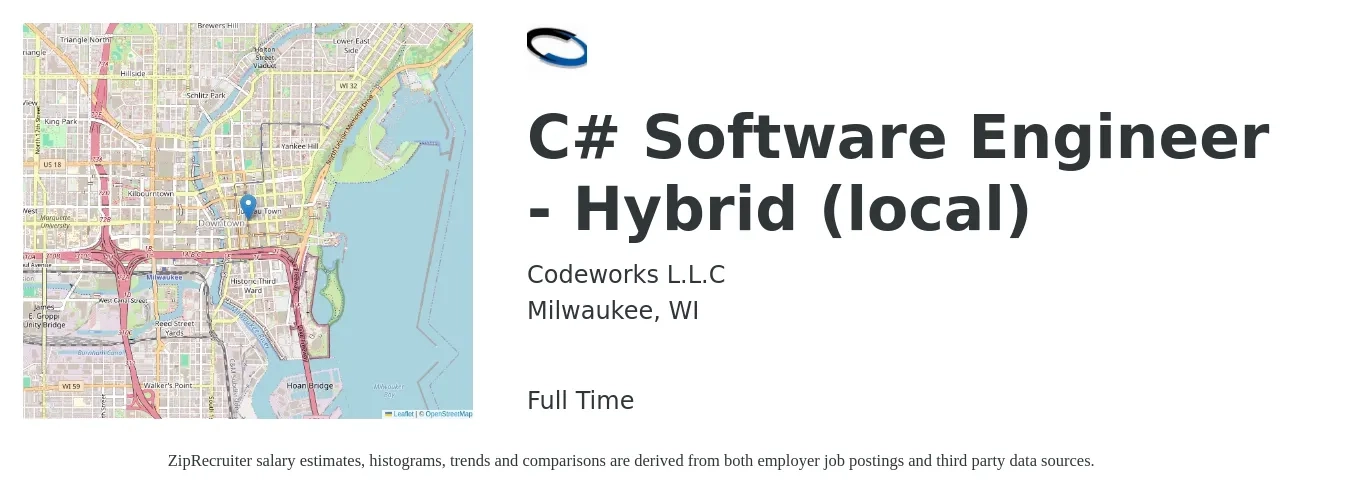 Codeworks L.L.C job posting for a C# Software Engineer - Hybrid (local) in Milwaukee, WI with a salary of $109,400 to $155,700 Yearly with a map of Milwaukee location.
