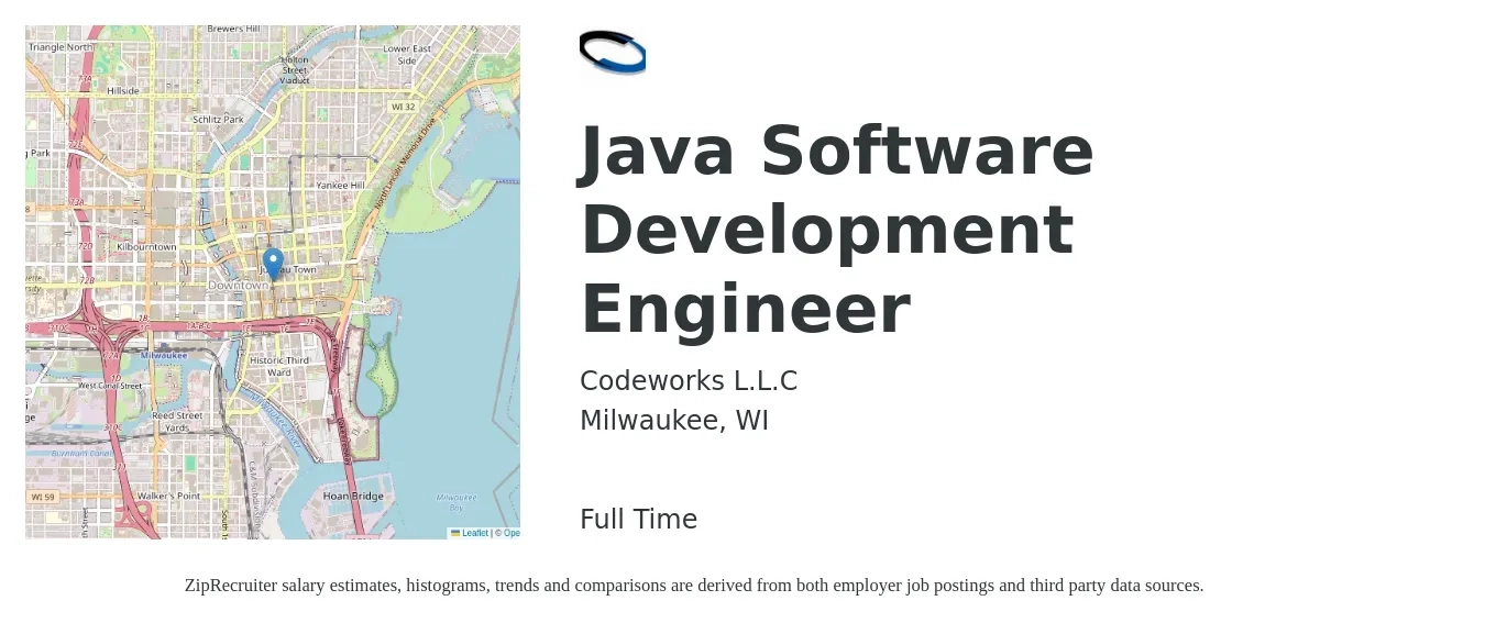 Codeworks L.L.C job posting for a Java Software Development Engineer in Milwaukee, WI with a salary of $51 to $70 Hourly with a map of Milwaukee location.