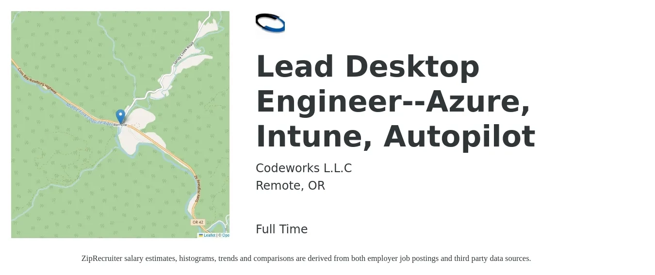 Codeworks L.L.C job posting for a Lead Desktop Engineer--Azure, Intune, Autopilot in Remote, OR with a salary of $166,800 to $252,800 Yearly with a map of Remote location.