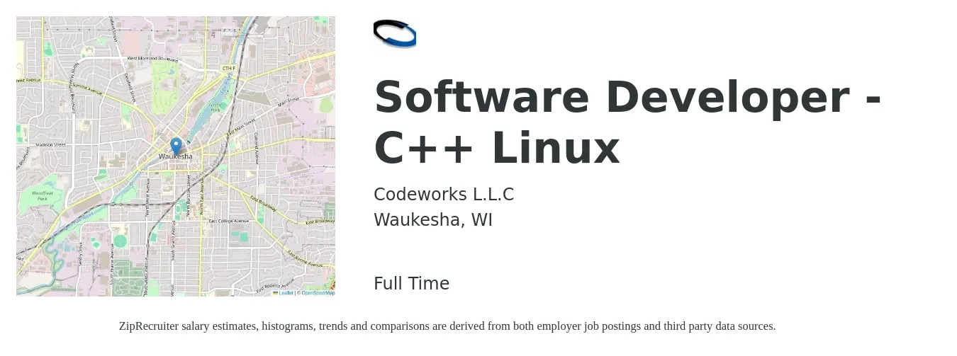 Codeworks L.L.C job posting for a Software Developer - C++ Linux in Waukesha, WI with a salary of $49 to $66 Hourly with a map of Waukesha location.