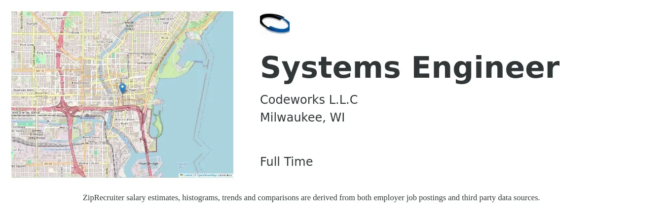 Codeworks L.L.C job posting for a Systems Engineer in Milwaukee, WI with a salary of $96,600 to $154,700 Yearly with a map of Milwaukee location.