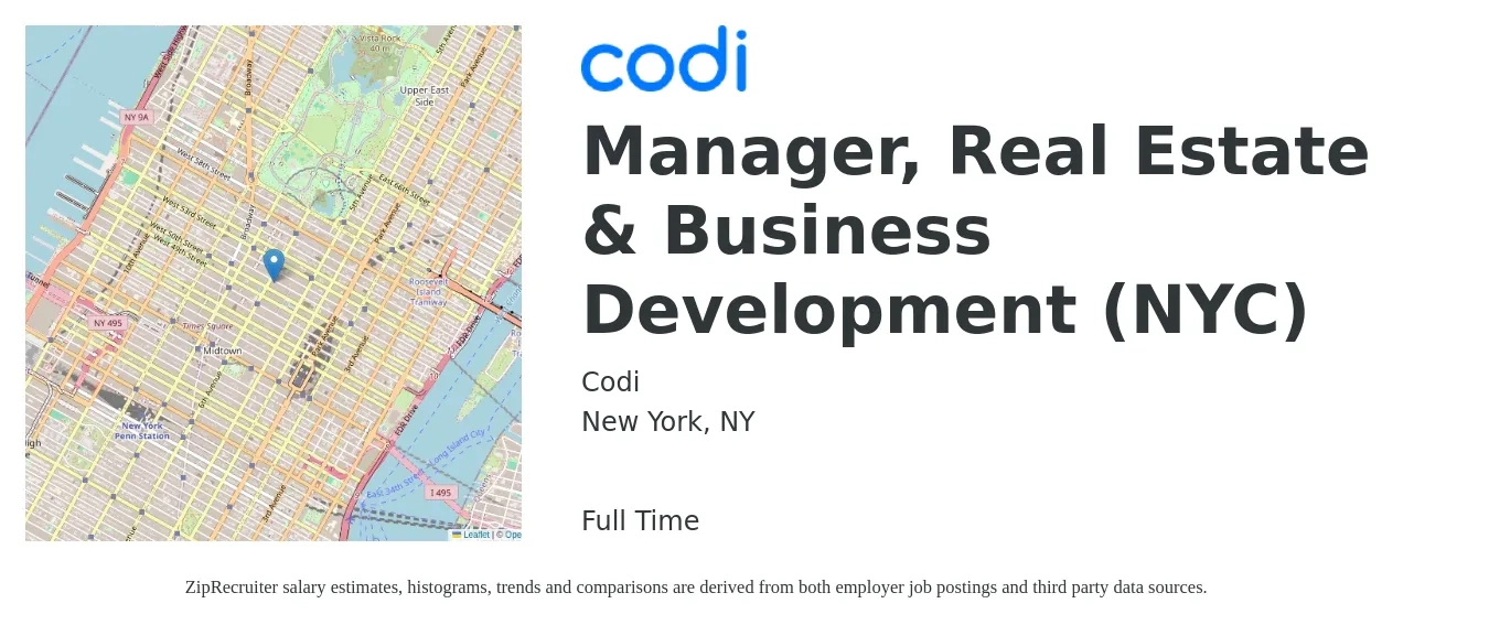 Codi job posting for a Manager, Real Estate & Business Development (NYC) in New York, NY with a salary of $66,700 to $109,400 Yearly with a map of New York location.