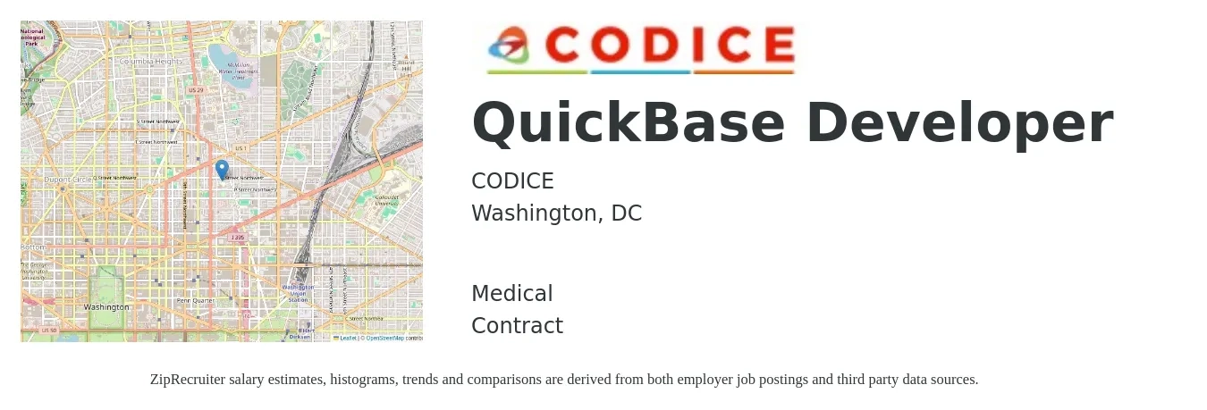 CODICE job posting for a QuickBase Developer in Washington, DC with a salary of $58 to $80 Hourly and benefits including retirement, life_insurance, and medical with a map of Washington location.
