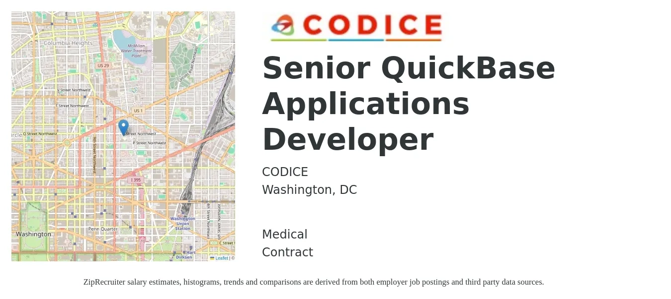 CODICE job posting for a Senior QuickBase Applications Developer in Washington, DC with a salary of $108,700 to $149,500 Yearly and benefits including retirement, life_insurance, and medical with a map of Washington location.