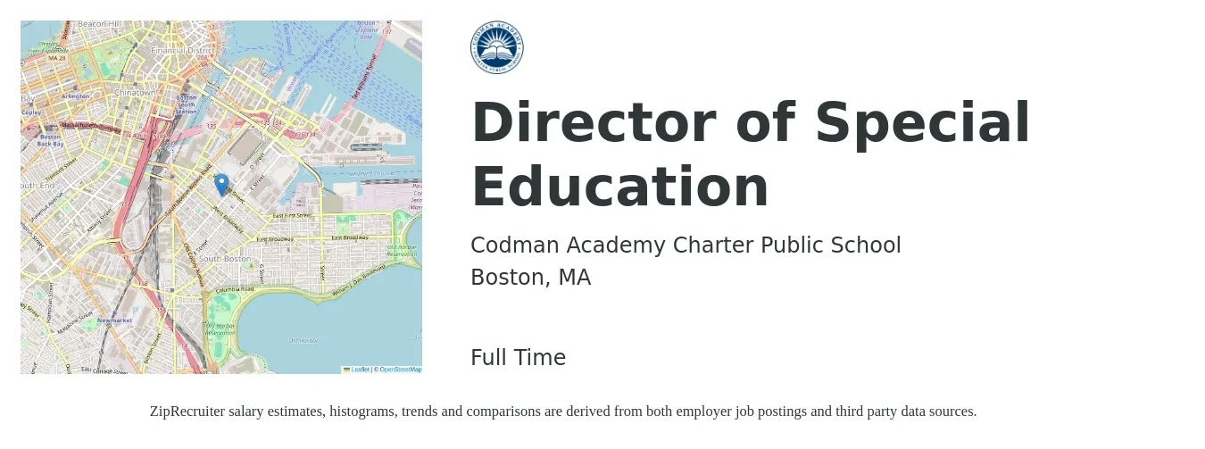 Codman Academy Charter Public School job posting for a Director of Special Education in Boston, MA with a salary of $89,400 to $127,800 Yearly with a map of Boston location.