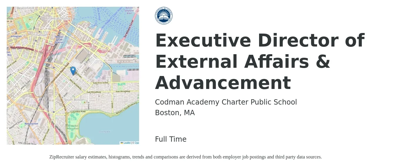 Codman Academy Charter Public School job posting for a Executive Director of External Affairs & Advancement in Boston, MA with a salary of $93,600 to $180,400 Yearly with a map of Boston location.