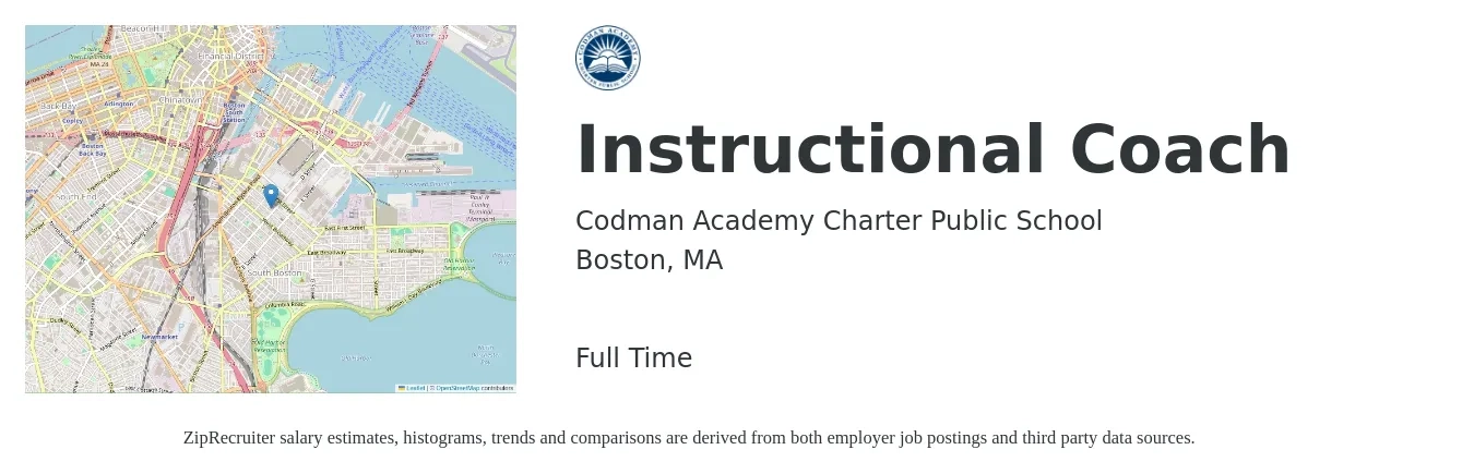 Codman Academy Charter Public School job posting for a Instructional Coach in Boston, MA with a salary of $48,400 to $70,000 Yearly with a map of Boston location.