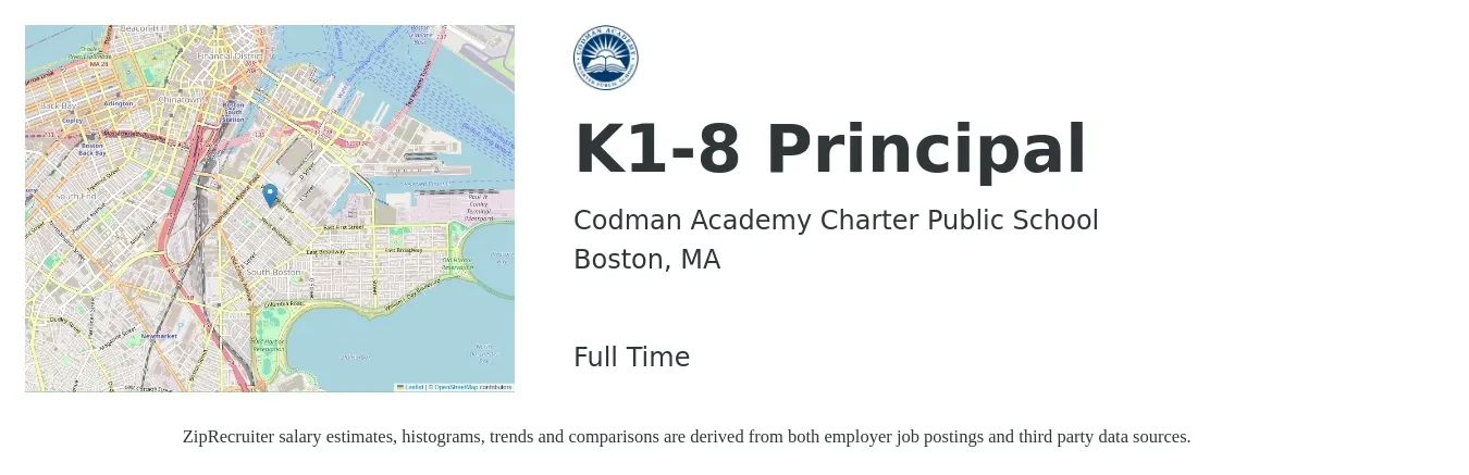 Codman Academy Charter Public School job posting for a K1-8 Principal in Boston, MA with a salary of $78,400 to $125,200 Yearly with a map of Boston location.