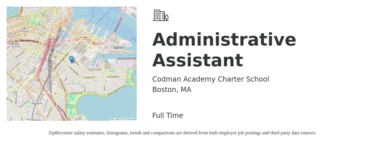 Codman Academy Charter School job posting for a Administrative Assistant in Boston, MA with a salary of $19 to $26 Hourly with a map of Boston location.