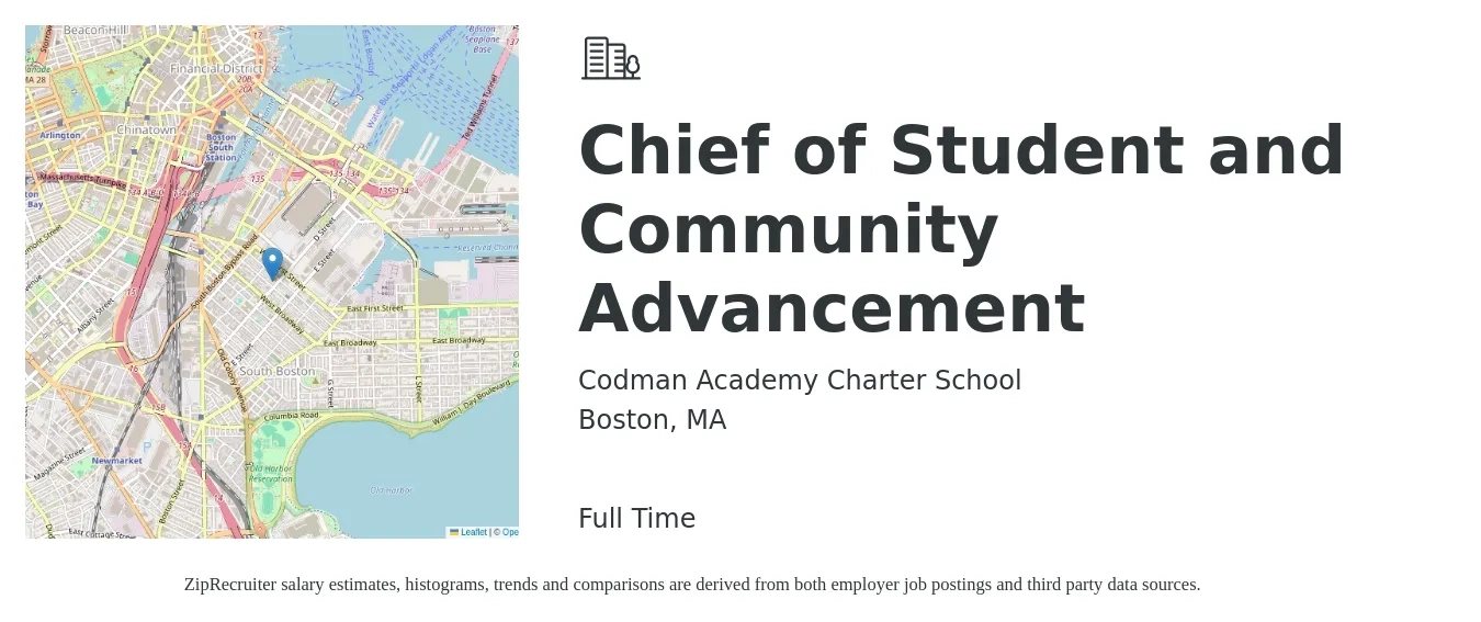Codman Academy Charter School job posting for a Chief of Student and Community Advancement in Boston, MA with a salary of $70,000 to $154,100 Yearly with a map of Boston location.