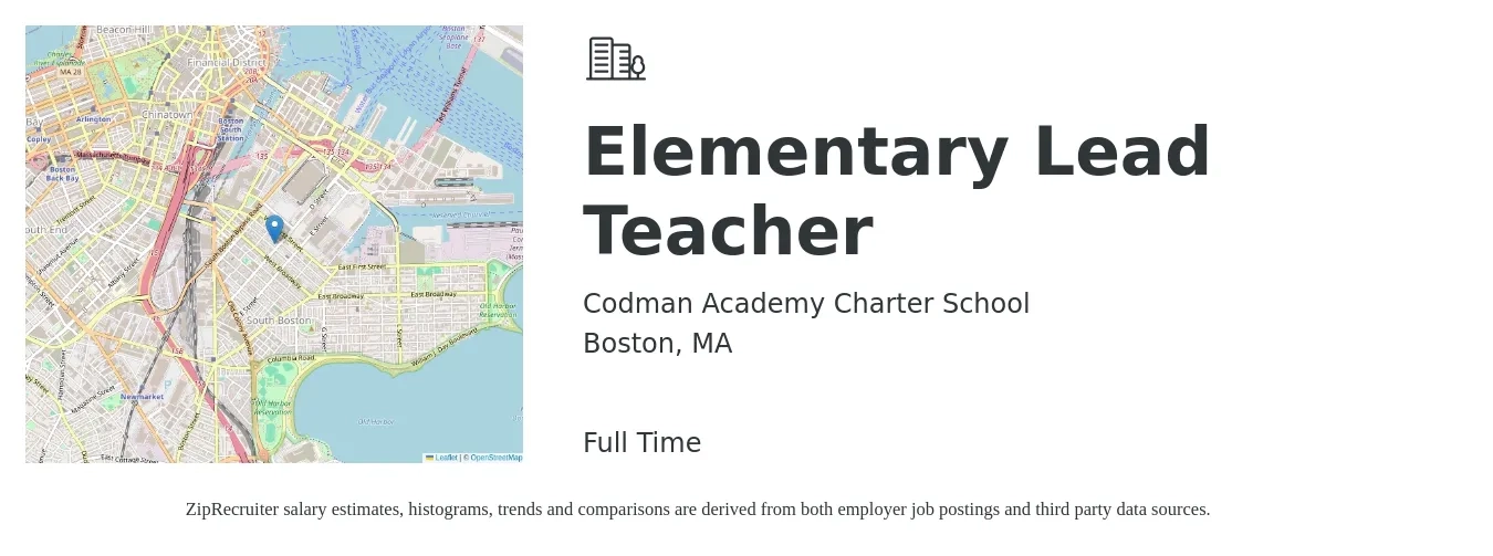 Codman Academy Charter School job posting for a Elementary Lead Teacher in Boston, MA with a salary of $16 to $21 Hourly with a map of Boston location.