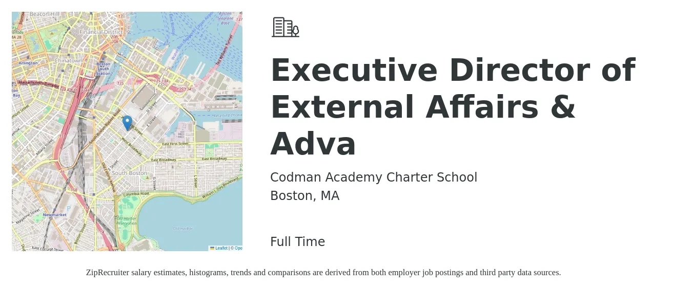 Codman Academy Charter School job posting for a Executive Director of External Affairs & Adva in Boston, MA with a salary of $93,600 to $180,400 Yearly with a map of Boston location.