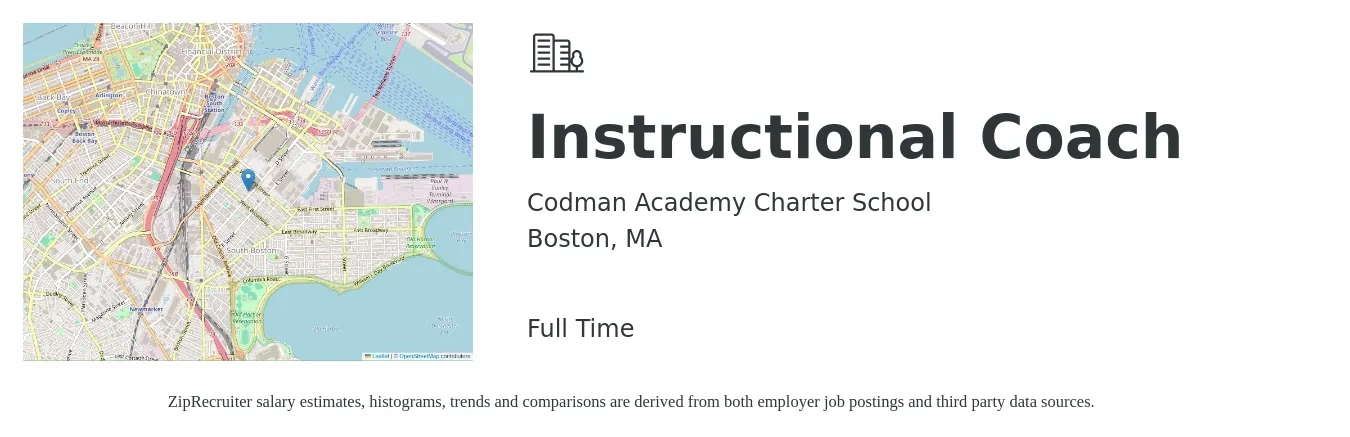 Codman Academy Charter School job posting for a Instructional Coach in Boston, MA with a salary of $48,400 to $70,000 Yearly with a map of Boston location.