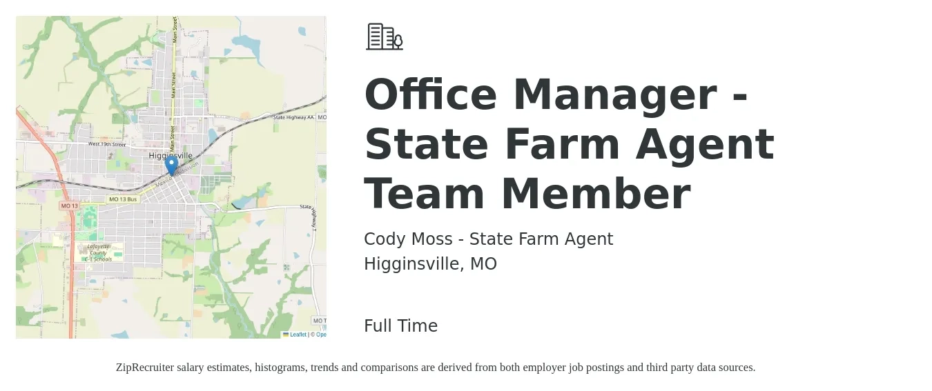 Cody Moss - State Farm Agent job posting for a Office Manager - State Farm Agent Team Member in Higginsville, MO with a salary of $35,500 to $53,700 Yearly with a map of Higginsville location.