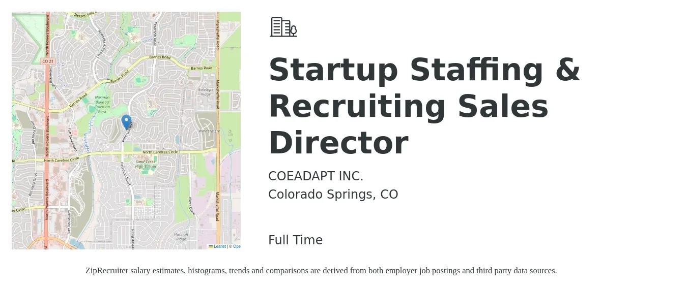 COEADAPT INC. job posting for a Startup Staffing & Recruiting Sales Director in Colorado Springs, CO with a salary of $69,500 to $123,200 Yearly with a map of Colorado Springs location.
