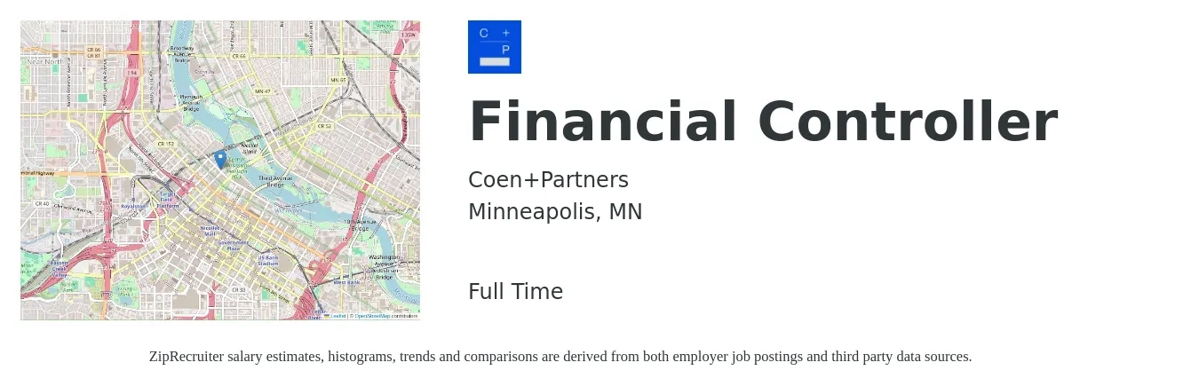 Coen+Partners job posting for a Financial Controller in Minneapolis, MN with a salary of $96,600 to $135,200 Yearly with a map of Minneapolis location.
