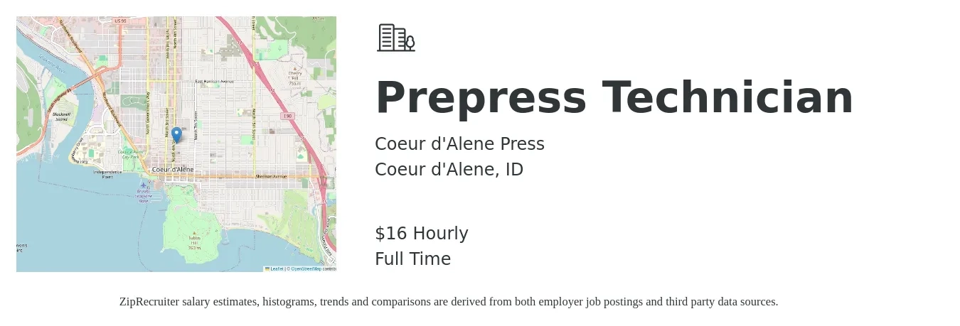 Coeur d'Alene Press job posting for a Prepress Technician in Coeur d'Alene, ID with a salary of $17 Hourly with a map of Coeur d'Alene location.