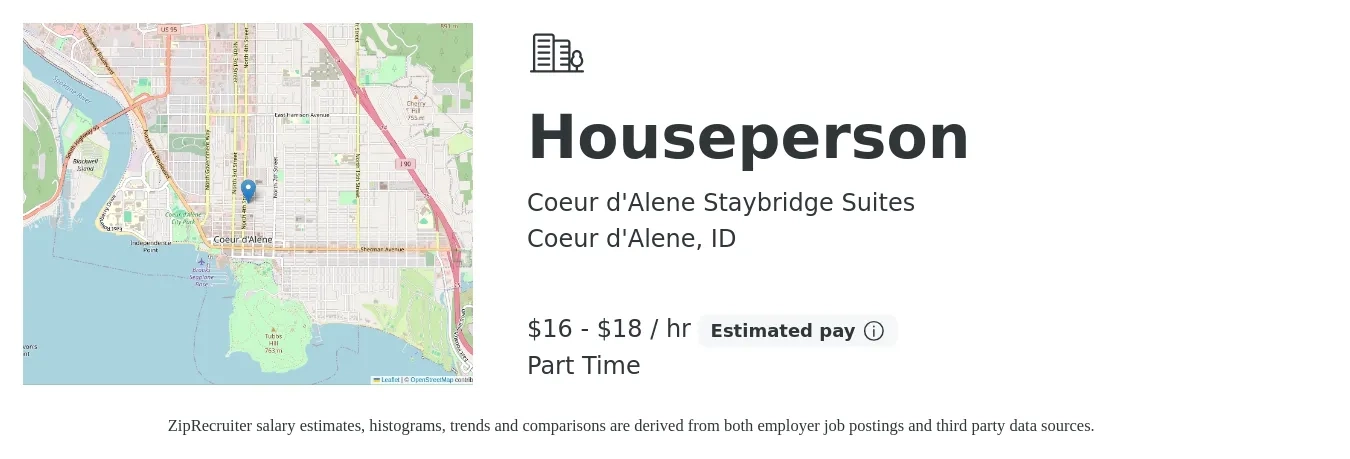 Coeur d'Alene Staybridge Suites job posting for a Houseperson in Coeur d'Alene, ID with a salary of $17 to $19 Hourly with a map of Coeur d'Alene location.