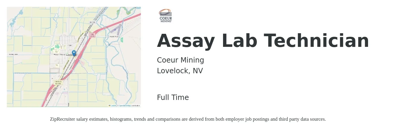 Coeur Mining job posting for a Assay Lab Technician in Lovelock, NV with a salary of $20 to $29 Hourly with a map of Lovelock location.