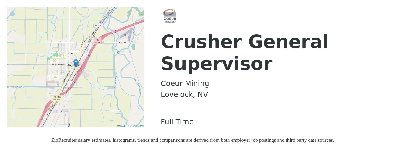 Coeur Mining job posting for a Crusher General Supervisor in Lovelock, NV with a salary of $48,800 to $73,600 Yearly with a map of Lovelock location.