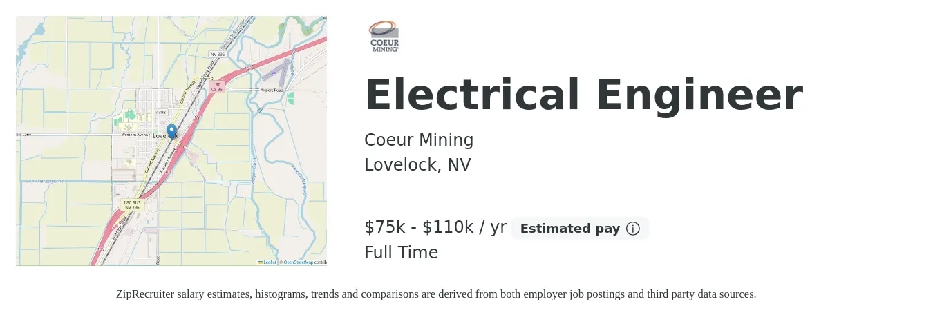 Coeur Mining job posting for a Electrical Engineer in Lovelock, NV with a salary of $75,000 to $110,000 Yearly with a map of Lovelock location.