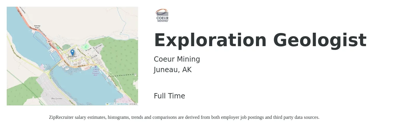Coeur Mining job posting for a Exploration Geologist in Juneau, AK with a salary of $418 to $1,696 Daily with a map of Juneau location.