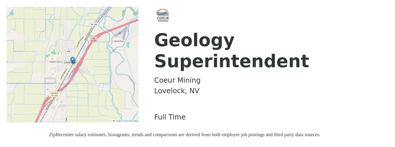 Coeur Mining job posting for a Geology Superintendent in Lovelock, NV with a salary of $55,700 to $92,600 Yearly with a map of Lovelock location.