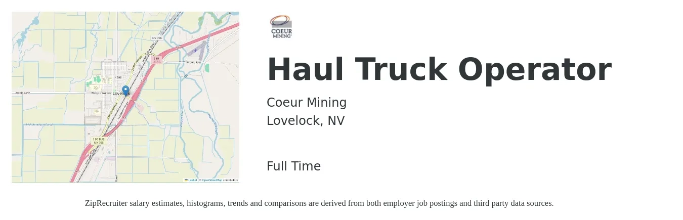 Coeur Mining job posting for a Haul Truck Operator in Lovelock, NV with a salary of $25 to $45 Hourly with a map of Lovelock location.
