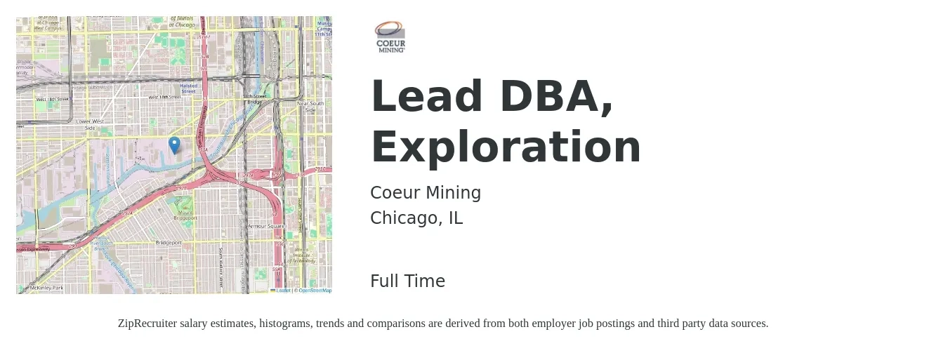 Coeur Mining job posting for a Lead DBA, Exploration in Chicago, IL with a salary of $24 to $72 Hourly with a map of Chicago location.