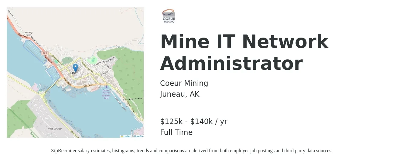 Coeur Mining job posting for a Mine IT Network Administrator in Juneau, AK with a salary of $125,000 to $140,000 Yearly with a map of Juneau location.
