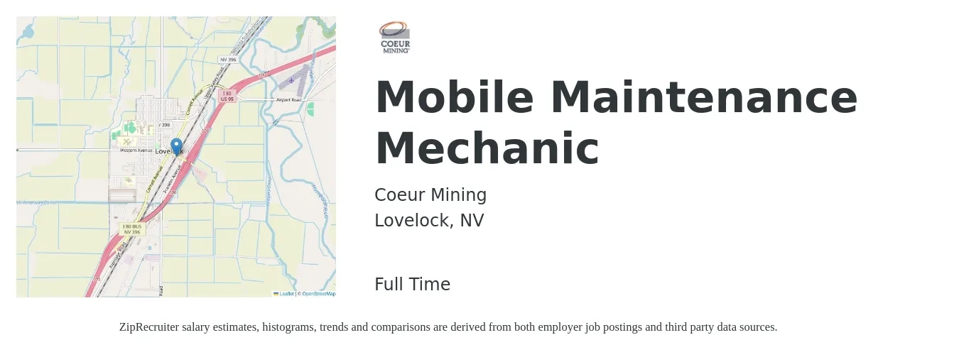 Coeur Mining job posting for a Mobile Maintenance Mechanic in Lovelock, NV with a salary of $25 to $32 Hourly with a map of Lovelock location.