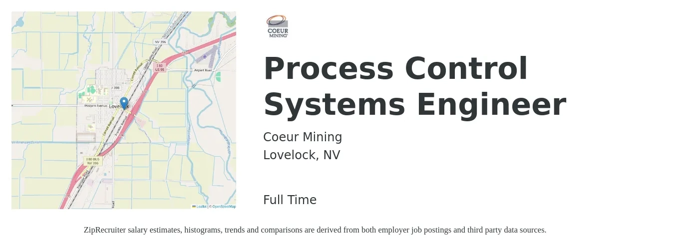 Coeur Mining job posting for a Process Control Systems Engineer in Lovelock, NV with a salary of $83,600 to $125,900 Yearly with a map of Lovelock location.