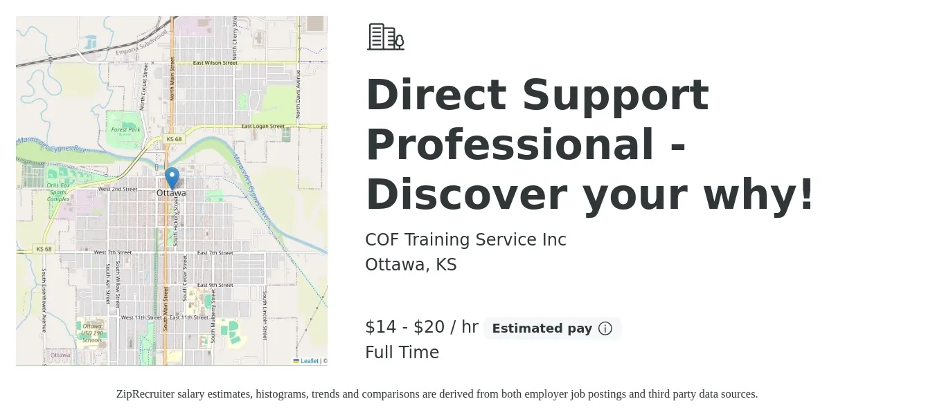COF Training Service Inc job posting for a Direct Support Professional - Discover your why! in Ottawa, KS with a salary of $15 to $22 Hourly with a map of Ottawa location.