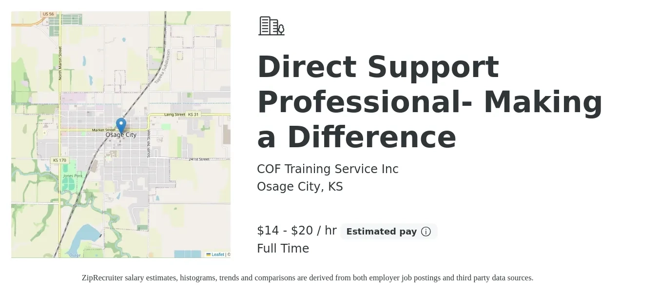 COF Training Service Inc job posting for a Direct Support Professional- Making a Difference in Osage City, KS with a salary of $15 to $21 Hourly with a map of Osage City location.
